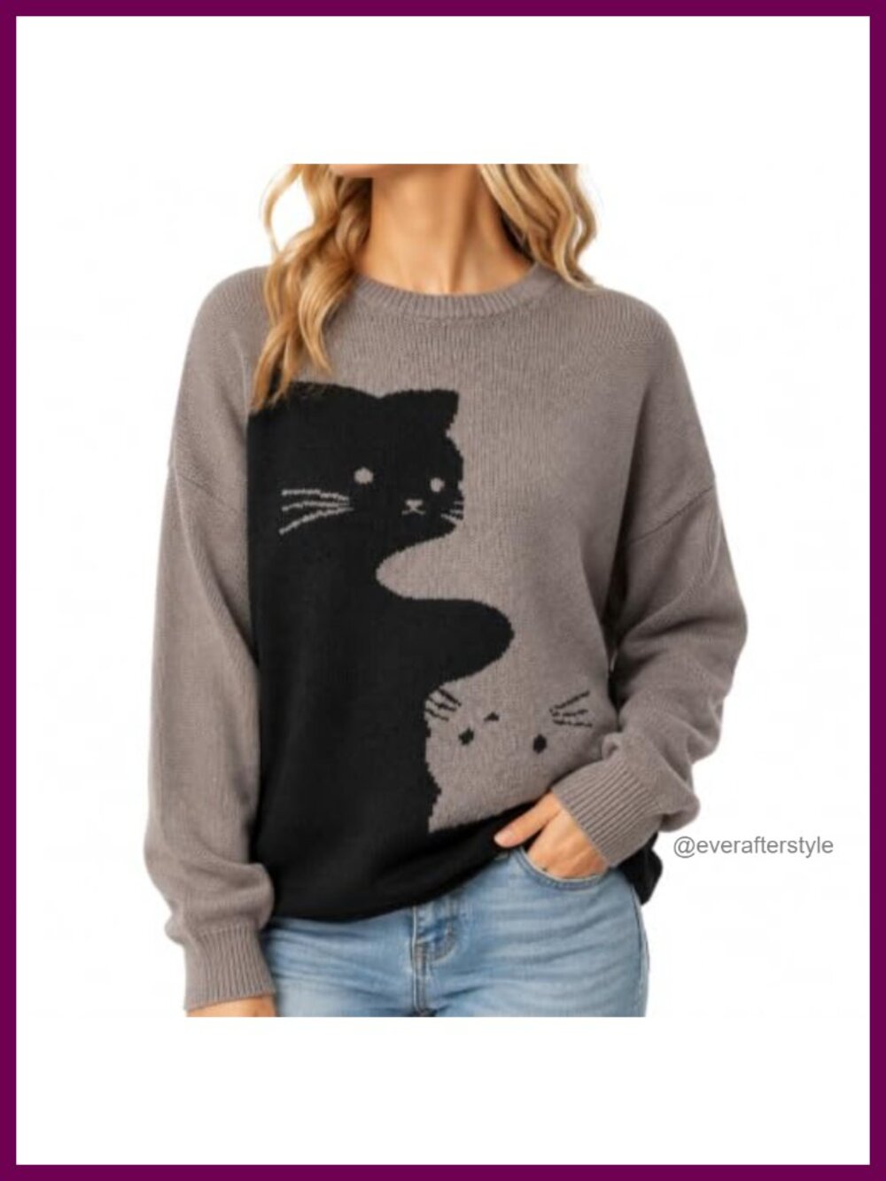 Women's Cute Cat Knit Sweater Oversized Pullover Crewneck Long Sleeve